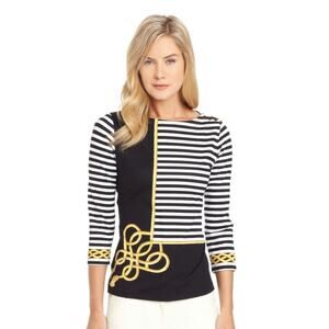 J.McLaughlin Womens M Black Stripe Gold Chain Pullover 3/4 Sleeve Casual Top NEW